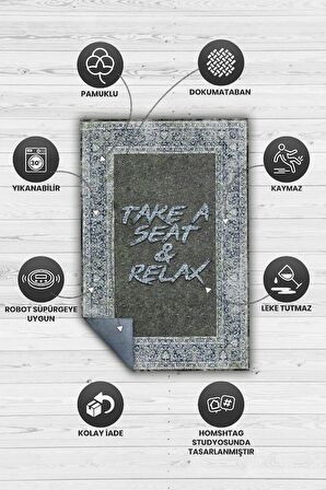 Homshtag Otur Ve Rahatla Pamuklu Dokuma Tabanlı Yıkanabilir Kaymaz Dekoratif Ev Aile Halısı