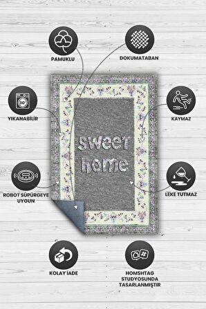 Homshtag Tatlı Evim Pamuklu Dokuma Tabanlı Yıkanabilir Kaymaz Dekoratif Ev Aile Halısı