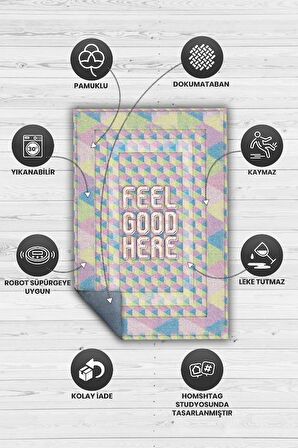 Homshtag Burada İyi Hisset Pamuklu Dokuma Tabanlı Yıkanabilir Kaymaz Dekoratif Ev Aile Halısı