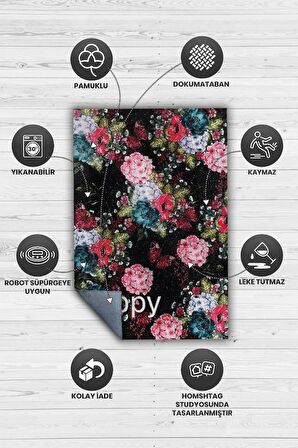 Homshtag Mutlu Pamuklu Dokuma Tabanlı Yıkanabilir Kaymaz Dekoratif Ev Halısı