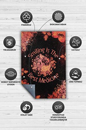 Homshtag Gülümsemek En İyi İlaç Pamuklu Dokuma Tabanlı Yıkanabilir Kaymaz Dekoratif Ev Halısı