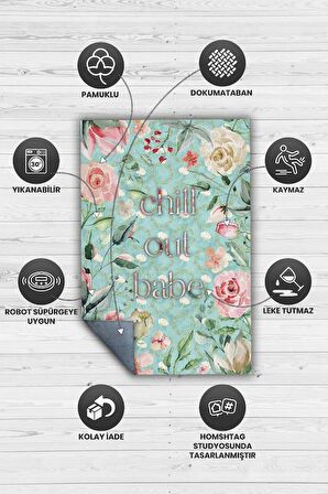 Homshtag Rahatla Bebeğim Dokuma Tabanlı Yıkanabilir Kaymaz Dekoratif Ev Halısı