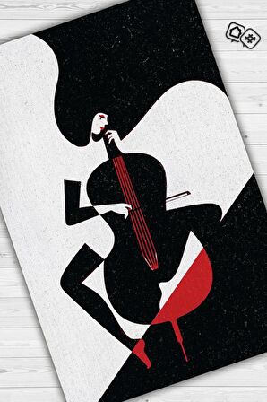 Homshtag Çello Çalan Kadın Pamuklu Dokuma Tabanlı Yıkanabilir Kaymaz Dekoratif Halı