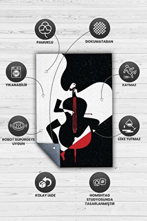 Homshtag Çello Çalan Kadın Pamuklu Dokuma Tabanlı Yıkanabilir Kaymaz Dekoratif Halı