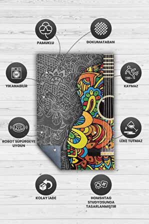 Homshtag Gitar Renkleri  Pamuklu Dokuma Tabanlı Yıkanabilir Kaymaz Dekoratif Halı