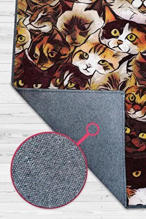 Homshtag Kedi Kafası Pamuklu Dokuma Tabanlı Yıkanabilir Dekoratif Halı