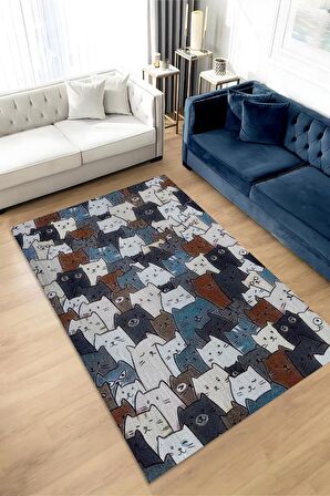 Homshtag Kedi Yüzleri Pamuklu Dokuma Tabanlı Yıkanabilir Dekoratif Halı
