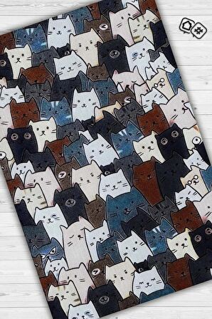 Homshtag Kedi Yüzleri Pamuklu Dokuma Tabanlı Yıkanabilir Dekoratif Halı