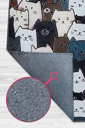 Homshtag Kedi Yüzleri Pamuklu Dokuma Tabanlı Yıkanabilir Dekoratif Halı