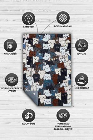 Homshtag Kedi Yüzleri Pamuklu Dokuma Tabanlı Yıkanabilir Dekoratif Halı