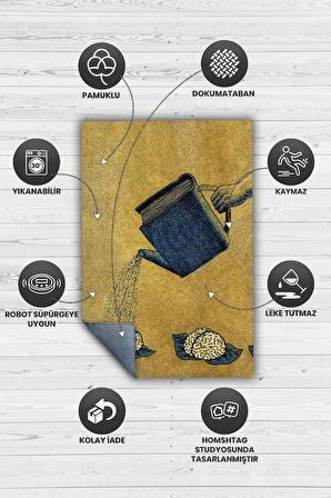 Homshtag Zihnini Besle Pamuklu Dokuma Tabanlı Yıkanabilir Kaymaz Dekoratif Kitap Sever Halısı