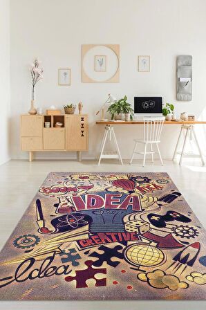 Homshtag Fikir Dünyası Pamuklu Dokuma Tabanlı Yıkanabilir Dekoratif Home Office Halısı