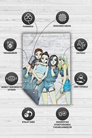 Homshtag Black Pink Pamuklu Dokuma Tabanlı Yıkanabilir Dekoratif Halı