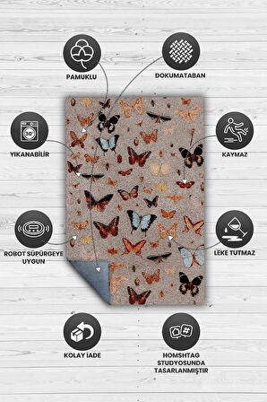 Homshtag Renk Renk Kelebekler Dokuma Tabanlı Yıkanabilir Dekoratif Halı