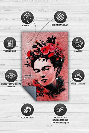 Homshtag Frida'nın Çiçekleri Dokuma Tabanlı Yıkanabilir Kaymaz Sanat Sever Halısı