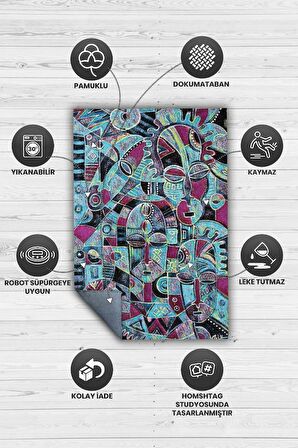 Homshtag Maskeli Kabile Dokuma Tabanlı Yıkanabilir Dekoratif Halı