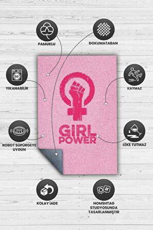 Homshtag Kadın Gücü Pamuklu Dokuma Tabanlı Yıkanabilir Dekoratif Halı