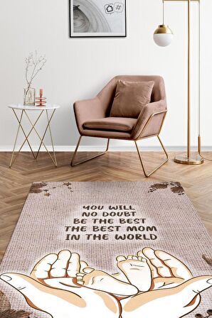 Homshtag En İyi Anne Pamuklu Dokuma Tabanlı Yıkanabilir Dekoratif Halı