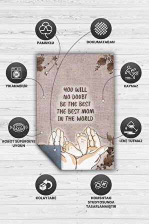 Homshtag En İyi Anne Pamuklu Dokuma Tabanlı Yıkanabilir Dekoratif Halı