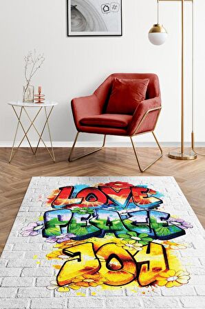 Homshtag Huzur ve Keyif Dokuma Tabanlı Yıkanabilir Dekoratif Graffiti Halısı