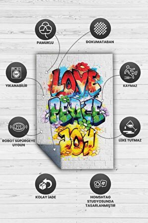 Homshtag Huzur ve Keyif Dokuma Tabanlı Yıkanabilir Dekoratif Graffiti Halısı