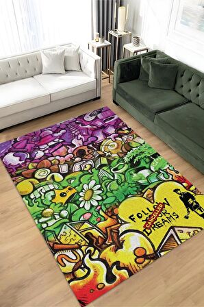 Homshtag Hayaller İptal Dokuma Tabanlı Yıkanabilir Dekoratif Graffiti Halısı