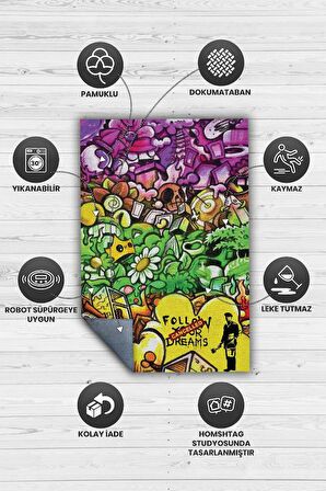 Homshtag Hayaller İptal Dokuma Tabanlı Yıkanabilir Dekoratif Graffiti Halısı