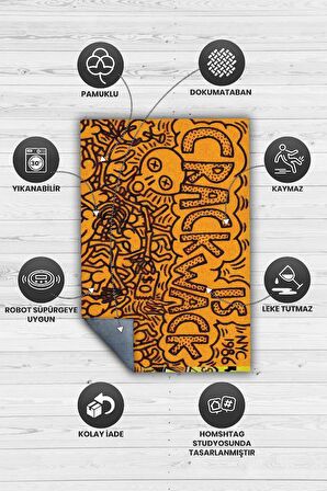 Homshtag Çatlak Dokuma Tabanlı Yıkanabilir Dekoratif Graffiti Halısı