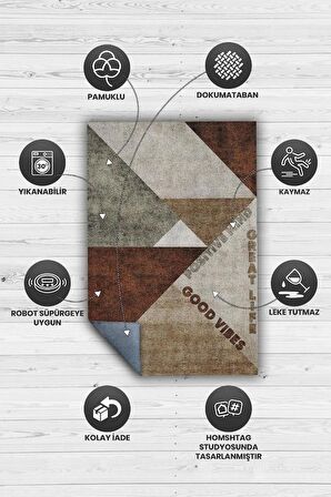 Homshtag İyi Yaşam Üçgeni Pamuklu Dokuma Tabanlı Yıkanabilir Kaymaz Dekoratif Ev Halısı