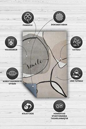 Homshtag Gülümse Pamuklu Dokuma Tabanlı Yıkanabilir Kaymaz Dekoratif Ev Halısı