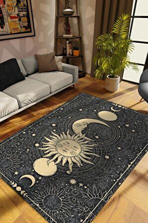 Homshtag Ay ve Güneş Pamuklu Dokuma Tabanlı Yıkanabilir Kaymaz Dekoratif Halı