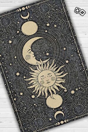 Homshtag Ay ve Güneş Pamuklu Dokuma Tabanlı Yıkanabilir Kaymaz Dekoratif Halı
