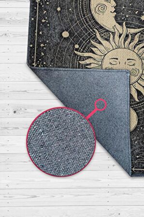 Homshtag Ay ve Güneş Pamuklu Dokuma Tabanlı Yıkanabilir Kaymaz Dekoratif Halı