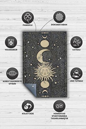 Homshtag Ay ve Güneş Pamuklu Dokuma Tabanlı Yıkanabilir Kaymaz Dekoratif Halı