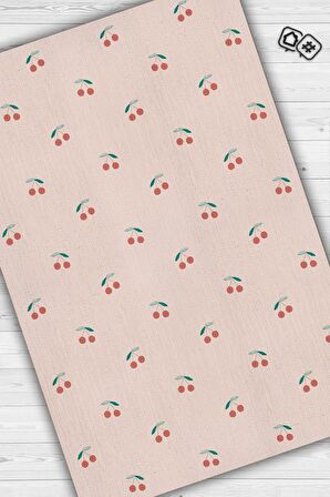 Homshtag Kiraz Desenli Dokuma Tabanlı Yıkanabilir Dekoratif Ev Halısı