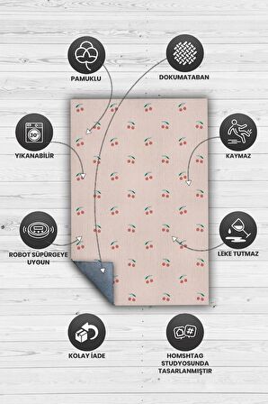 Homshtag Kiraz Desenli Dokuma Tabanlı Yıkanabilir Dekoratif Ev Halısı