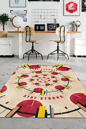 Homshtag Odaklı Kal, Sarı Kırmızı Geometrik Desenli Modern Çalışma Odası Halısı, Minimalist Genç Odası Halısı, Pamuklu Dokuma Tabanlı Yıkanabilir Dekoratif Halı, Renkli Modern Ofis Halısı