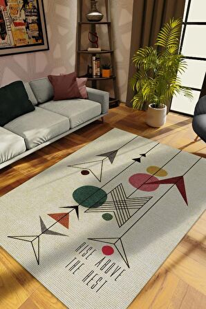 Homshtag Yüksel, Yazılı Minimalist Geometrik Şekilli Oturma Odası Halısı, Krem Renkli Geometrik Desenli Halı, Sade ve Şık Pamuklu Dokuma Tabanlı Yıkanabilir Dekoratif Home Salon Halısı