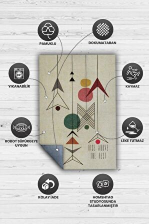 Homshtag Yüksel, Yazılı Minimalist Geometrik Şekilli Oturma Odası Halısı, Krem Renkli Geometrik Desenli Halı, Sade ve Şık Pamuklu Dokuma Tabanlı Yıkanabilir Dekoratif Home Salon Halısı