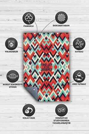 Homshtag Yolculuk, Çok Renkli Retro Halı,Geometrik Oturma Odası Halısı,Sıcak Renkli İnce Yazlık Halı, Balkon Halısı, Yazılı ve Minimalist Pamuklu Dokuma Tabanlı Yıkanabilir Dekoratif Home Salon Halısı