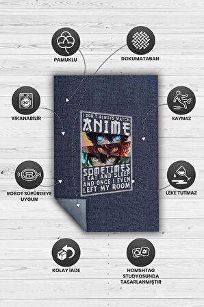 Homshtag Her Zaman Anime, Anime Temalın Kot Mavisi Halı, Anime Halısı, Pamuklu Dokuma Tabanlı Yıkanabilir Dekoratif Oturma Odası Halısı, Modern Genç Odası Halısı