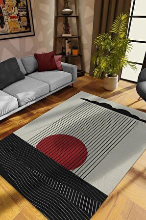 Homshtag Günbatımında Denize Yağan Yağmur, Geometrik Desenli Özel Tasarım Halı, Yıkanabilir Minimalist Halı, Modern Çizgili Halı,  Pamuklu Dokuma Tabanlı Yıkanabilir Dekoratif Ofis Halısı