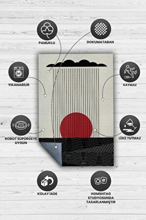 Homshtag Günbatımında Denize Yağan Yağmur, Geometrik Desenli Özel Tasarım Halı, Yıkanabilir Minimalist Halı, Modern Çizgili Halı,  Pamuklu Dokuma Tabanlı Yıkanabilir Dekoratif Ofis Halısı