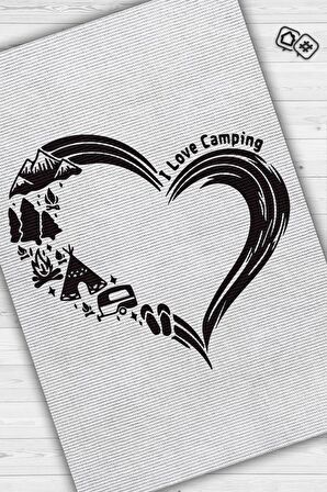 Homshtag I Love Camping Kamp Hayatı Desenli Beyaz Halı, Çadır Halısı, Karavan Halısı, Kampçı Halısı, Seyahat Temalı Halı, Pamuklu Dokuma Tabanlı Yıkanabilir Dekoratif Halı