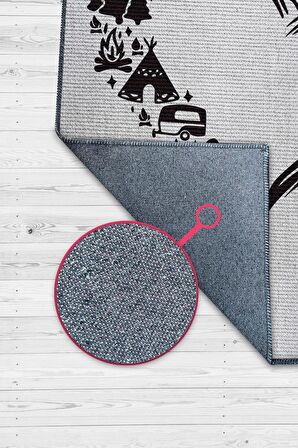 Homshtag I Love Camping Kamp Hayatı Desenli Beyaz Halı, Çadır Halısı, Karavan Halısı, Kampçı Halısı, Seyahat Temalı Halı, Pamuklu Dokuma Tabanlı Yıkanabilir Dekoratif Halı