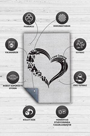 Homshtag I Love Camping Kamp Hayatı Desenli Beyaz Halı, Çadır Halısı, Karavan Halısı, Kampçı Halısı, Seyahat Temalı Halı, Pamuklu Dokuma Tabanlı Yıkanabilir Dekoratif Halı