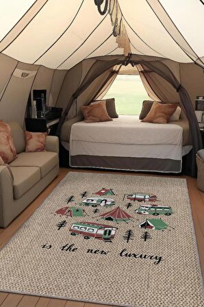 Homshtag Yeni Lüks, Karavan Halısı, Kamp Hayatı Desenli Bej Halı, Çadır Halısı, Kampçı Halısı, Seyahat Temalı Halı, Pamuklu Dokuma Tabanlı Yıkanabilir Dekoratif Halı
