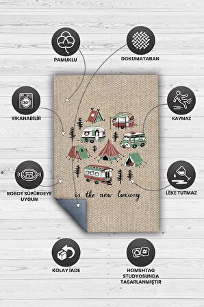 Homshtag Yeni Lüks, Karavan Halısı, Kamp Hayatı Desenli Bej Halı, Çadır Halısı, Kampçı Halısı, Seyahat Temalı Halı, Pamuklu Dokuma Tabanlı Yıkanabilir Dekoratif Halı