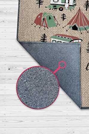 Homshtag Yeni Lüks, Karavan Halısı, Kamp Hayatı Desenli Bej Halı, Çadır Halısı, Kampçı Halısı, Seyahat Temalı Halı, Pamuklu Dokuma Tabanlı Yıkanabilir Dekoratif Halı