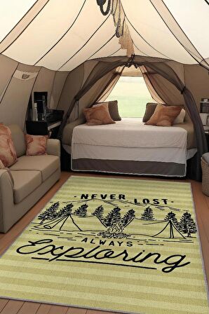 Homshtag Kaybolmam Keşfederim, Karavan Halısı, Kamp Hayatı Desenli Sarı Halı, Çadır Halısı, Kampçı Halısı, Seyahat Temalı Halı, Pamuklu Dokuma Tabanlı Yıkanabilir Dekoratif Halı